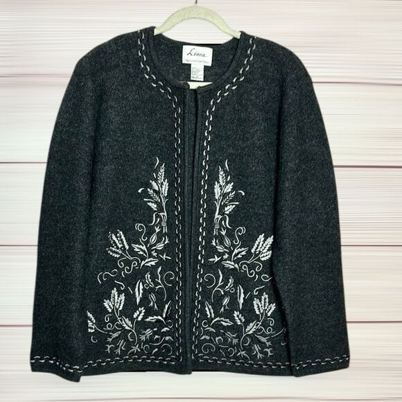 Boiled Wool Cardigan Jacket LINEA Louis Dell'Olio Gray Embroidered Open Front M - Picture 2 of 11